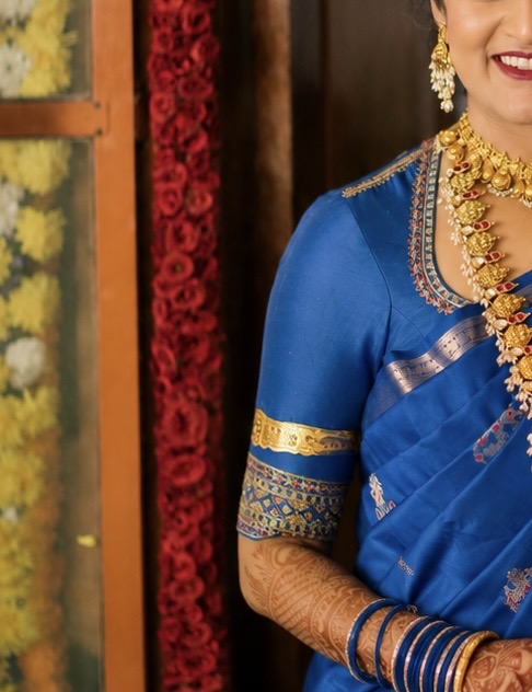 Samatha Designer — blue silk saree portrait with mehndi